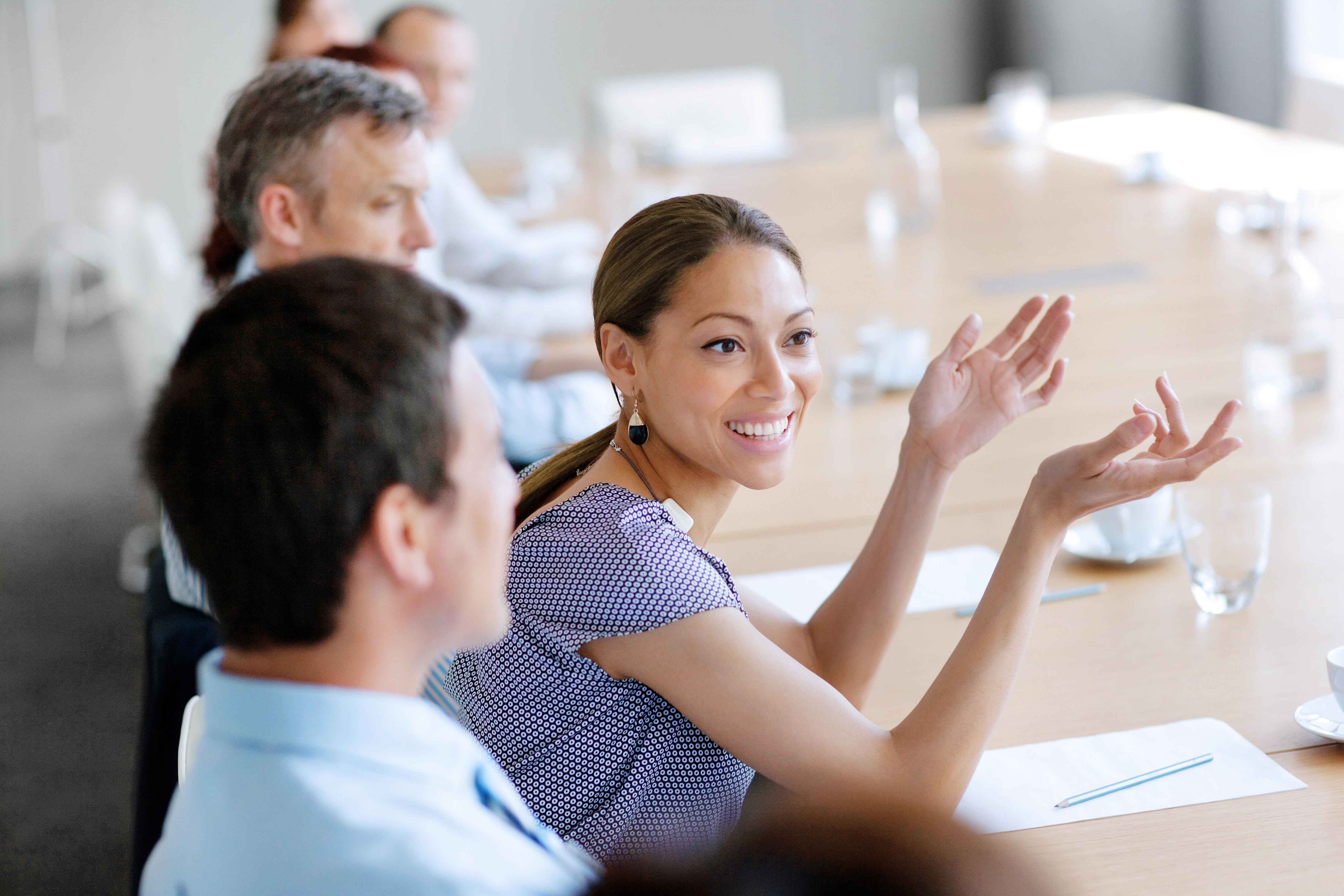 Business women and men at a conference table talking